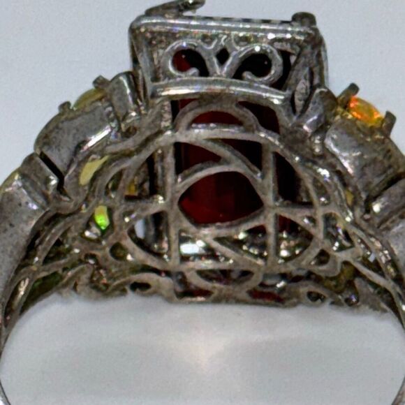 Art Deco vintage 925 silver ring 5.59g tsavorite garnet & opal Sz 9 signet - Picture 6 of 13